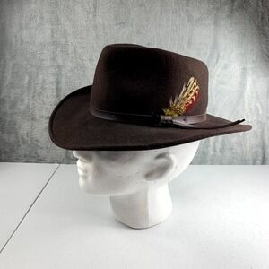 Scala Classico Four Seasons Wool Felt Outback Fedora‎ Hat Men's M Brown Feather